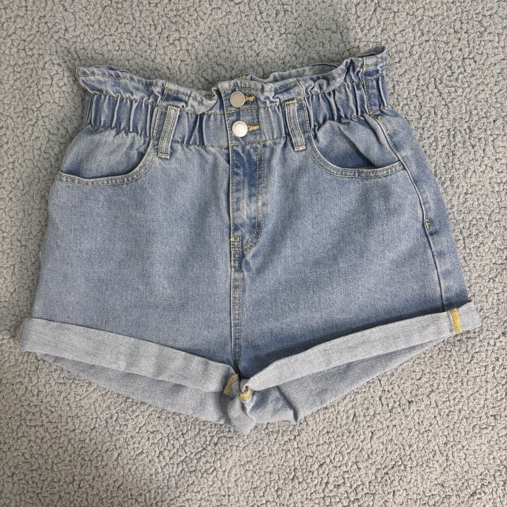 Denim Blvd Shorts Womens Blue Jean Medium Retro High Waisted Paperbag Rolled Hem - Picture 5 of 9